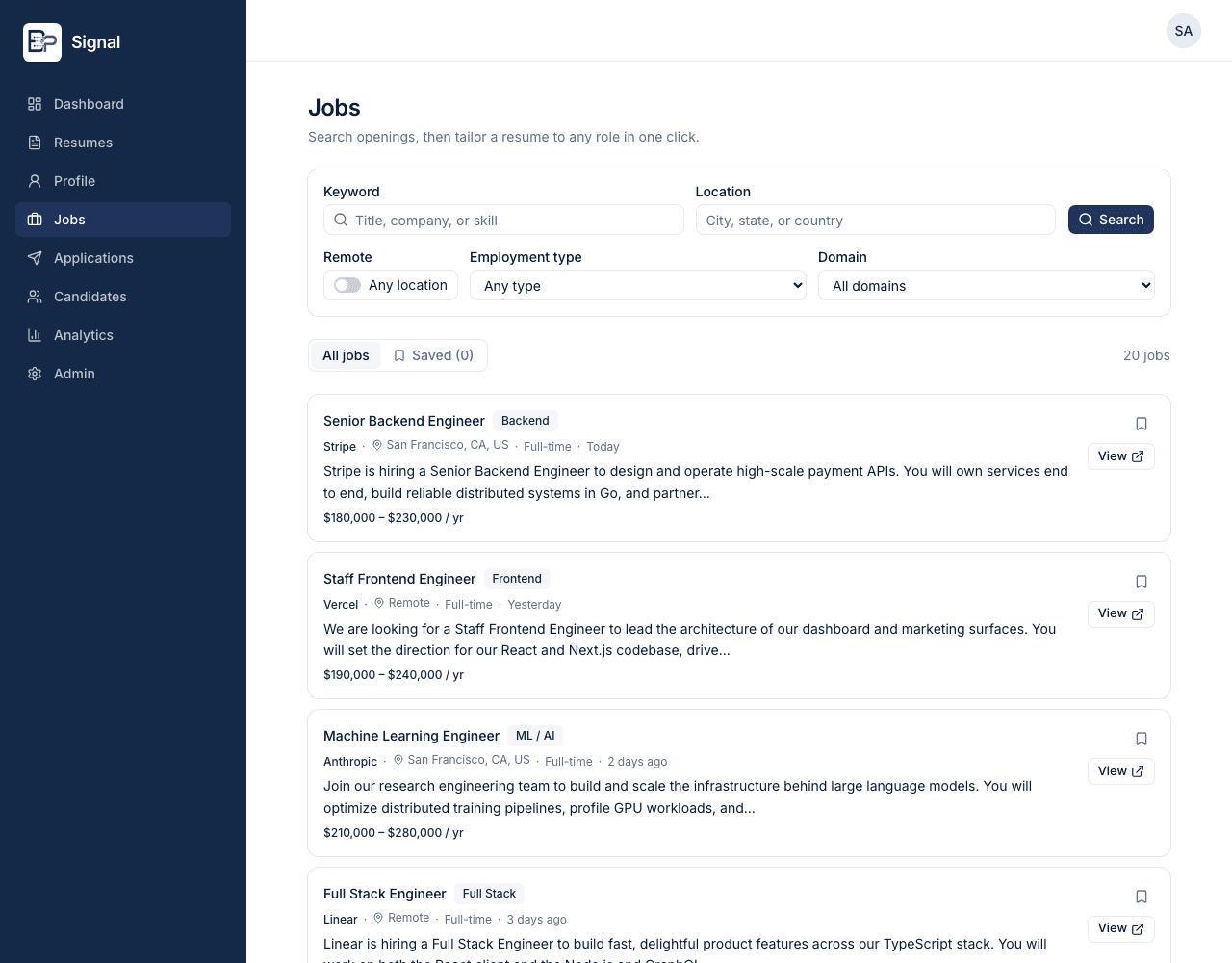 Signal job search — filterable openings with one-click resume tailoring